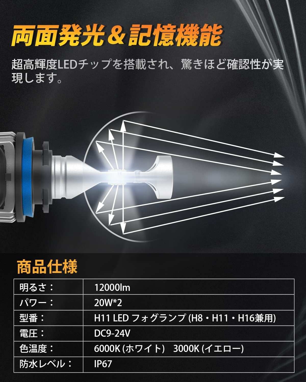 フォグランプ h8 イエロー 爆光 車検対応 2色切り替え 無極性 ホワイト/レモンイエロー 12000LM - bordan - フォグランプ h8 イエロー 爆光 車検対応 2色切り替え 無極性 ホワイト/レモンイエロー 12000LM - bordan - #tag1#
