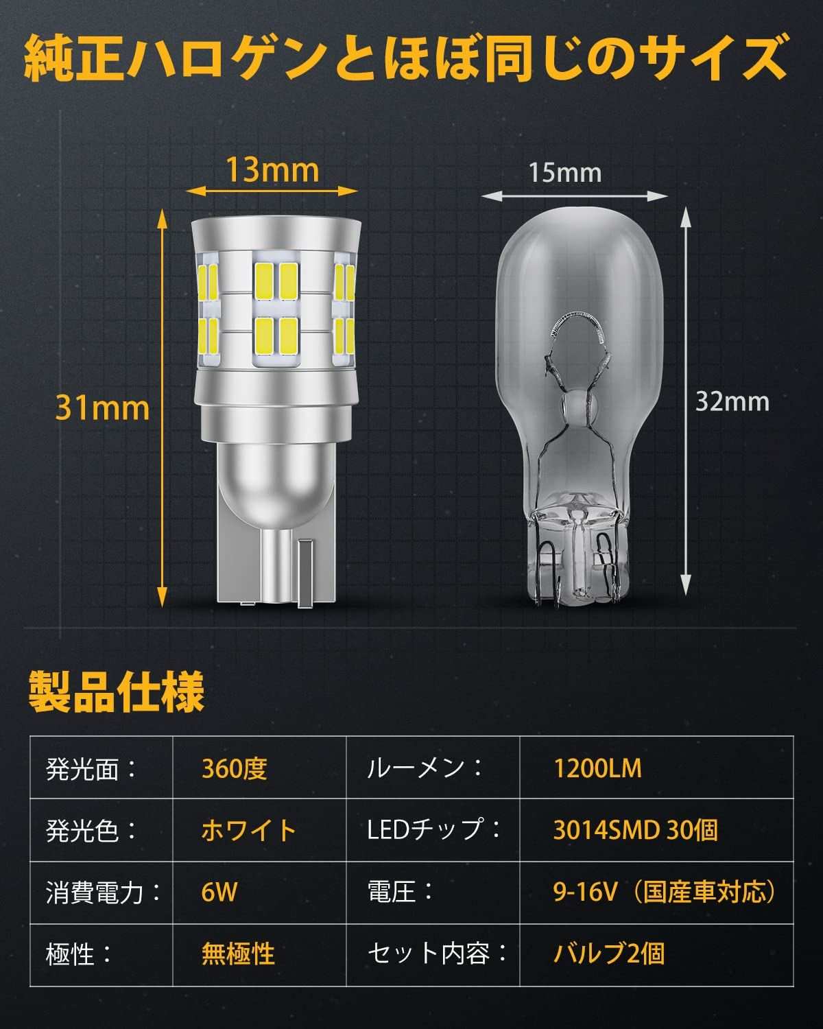T16 LED バックランプ  爆光 後退灯 LED 車検対応 30連3014SMD 6W*2 1200lm*2 - bordan - T16 LED バックランプ  爆光 後退灯 LED 車検対応 30連3014SMD 6W*2 1200lm*2 - bordan - #tag1# 